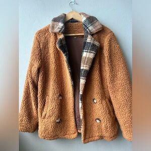 SHEIN Brown Plaid Collar Teddy Coat